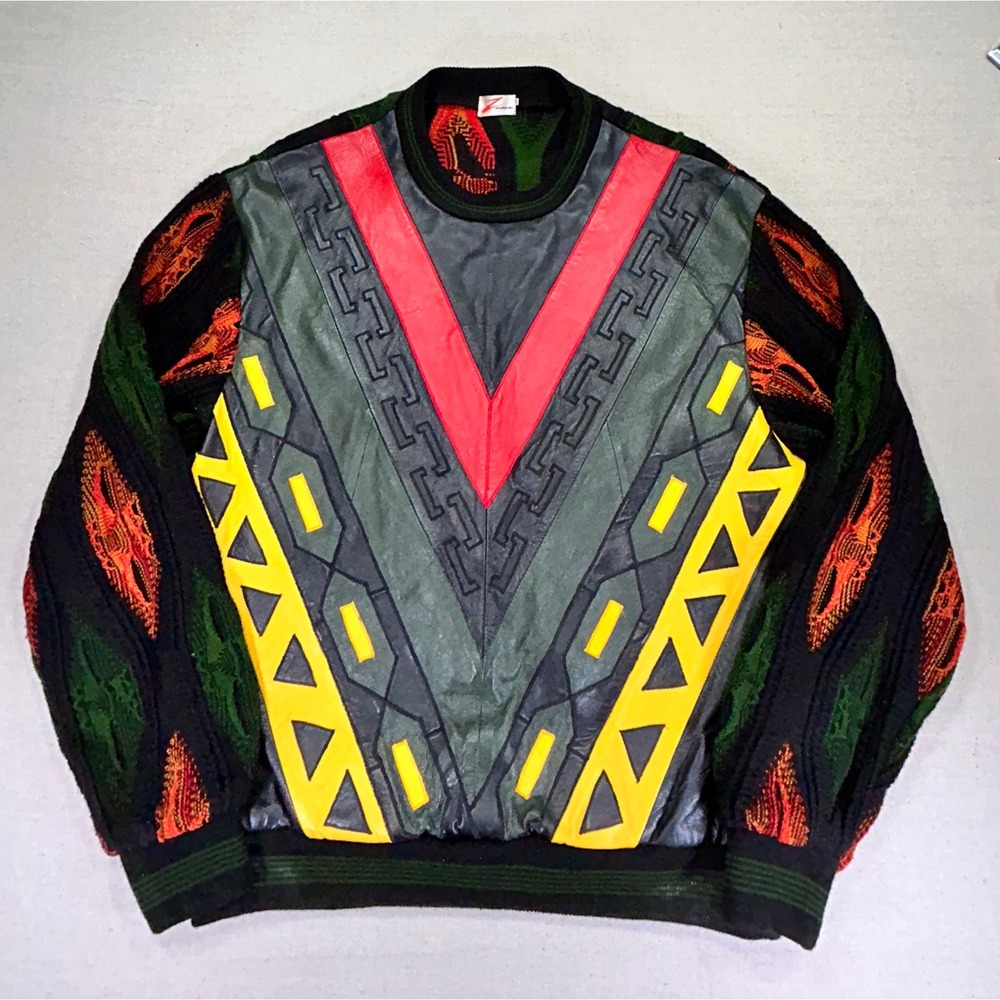 Vintage ZMANN Men's‎ XL "COOGI Like" Sweater 3D Cosby DAD Cable Leather Rayon